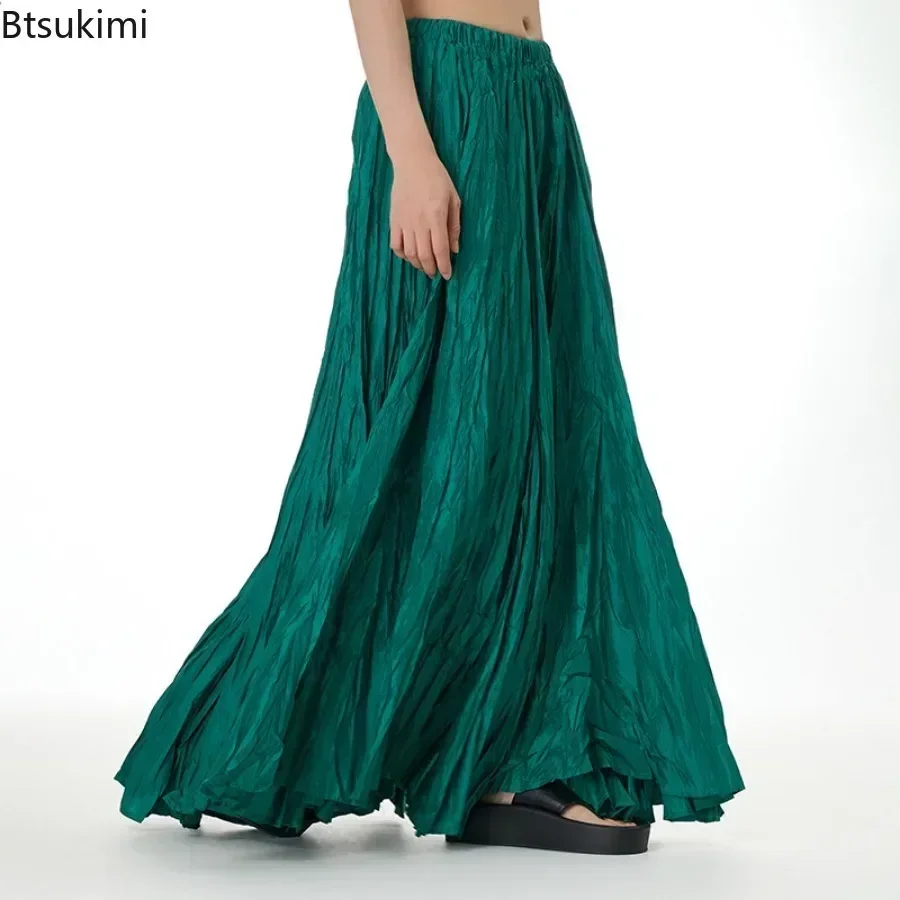 2024 Women\'s Elegant Drape Crumpled Skirts Summer Elastic Waist Big-Hem Long Skirts Large Size Loose Umbrella Skirts Streetwear