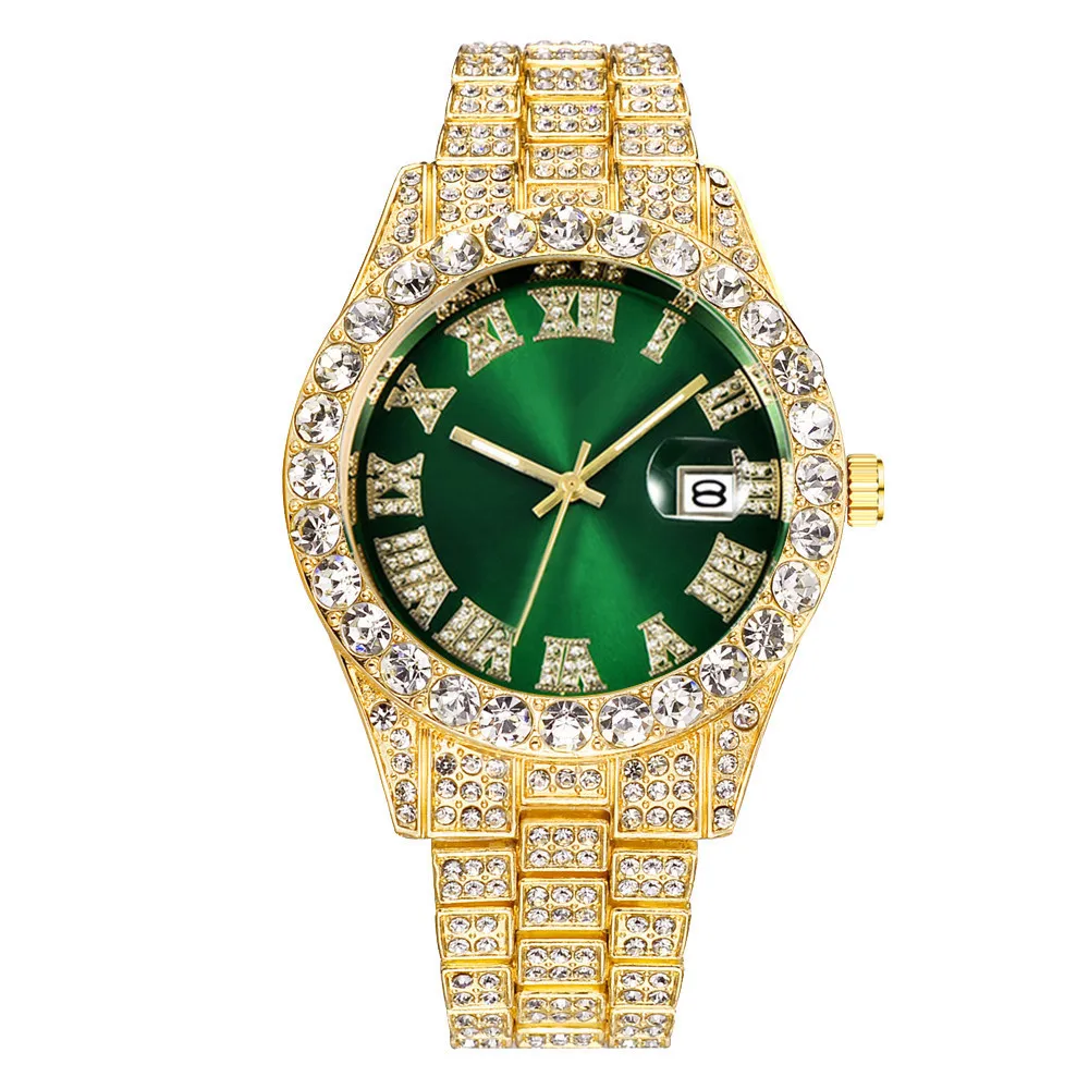 Fashion Business Diamond-Studded Men\'s And Women\'s Watches Roman Scale Calendar Hip Hop Watch Gold Green Full Diamond Watch