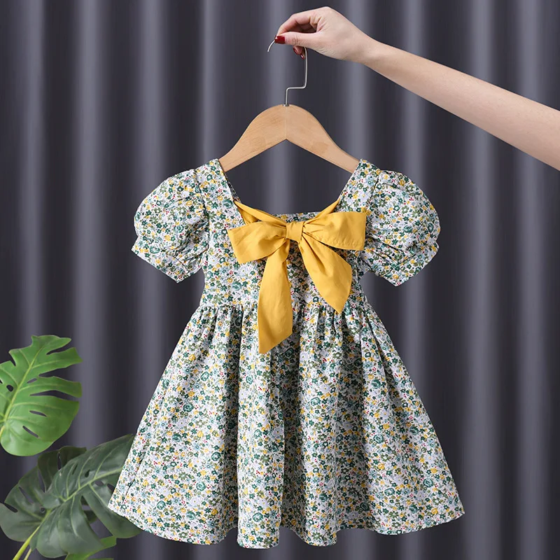 

2024Summer Girls Green Floral Short Sleeve Square Collar Puff Sleeve Yellow Lace-up Backless Cotton Princess Dress