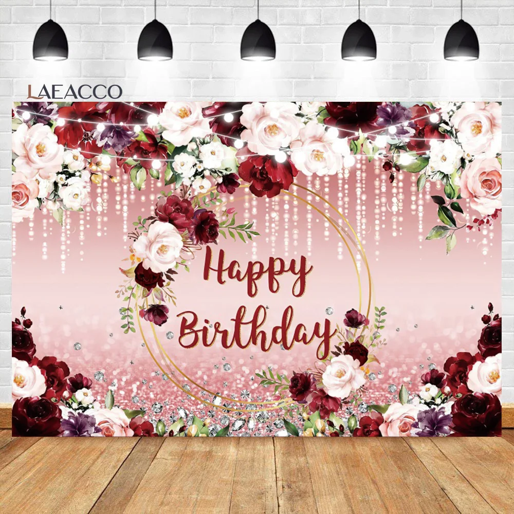 

Laeacco Burgundy Floral Happy Birthday Backdrop Rose Gold Glitter Bokeh Spots Women Girls Portrait Custom Photography Background