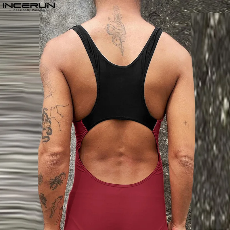 INCERUN uomo body Patchwork o-collo senza maniche scava fuori Backless pagliaccetti maschili Sexy 2024 Skinny Casual Cozy salopette corta S-3XL