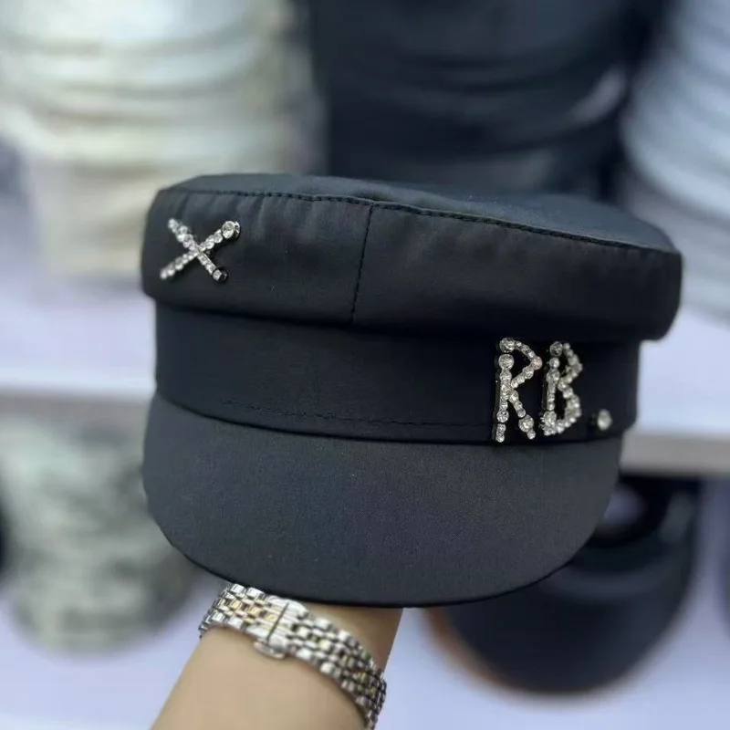 Smooth Satin Letter Cap Handmade Rhinestone Naval Hat Multi-style Octagonal Peaked Newsboy Hat for Women