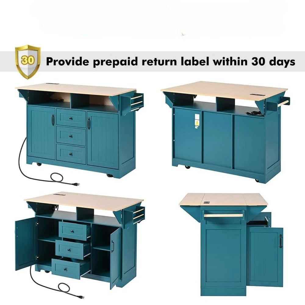 

Rolling Kitchen Island with 2 Drop Leaves & Power Outlet – Mobile Cart with Towel Rack, Spice Rack, Ideal for Small Kitchens