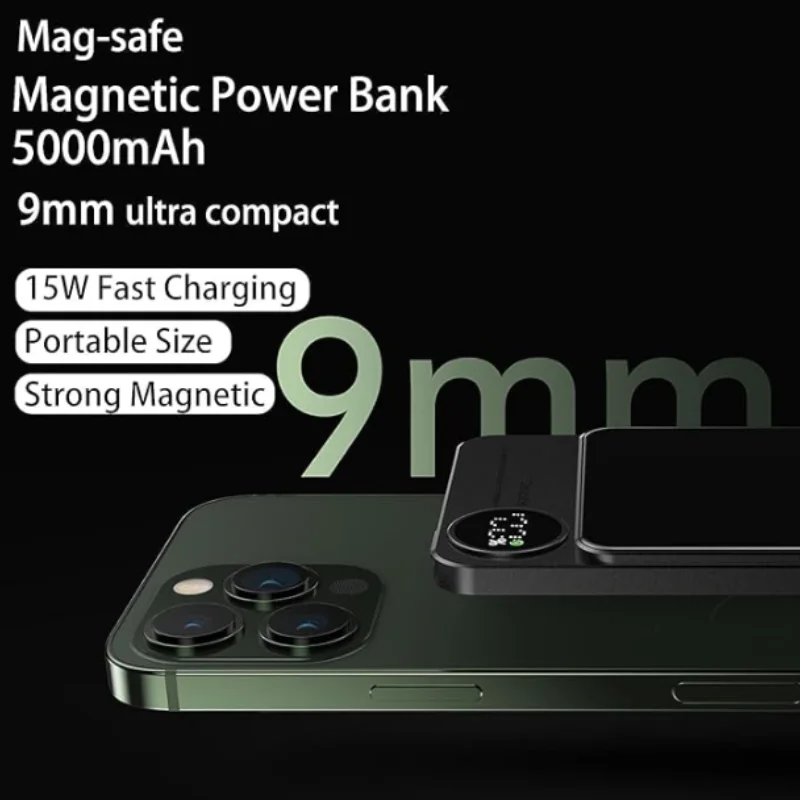 Wireless Magnetic Power Bank 5000mAh,0.35in Ultra Slim ,Compact Portable Charger With LED Display, For IPhone 15/14/13/12