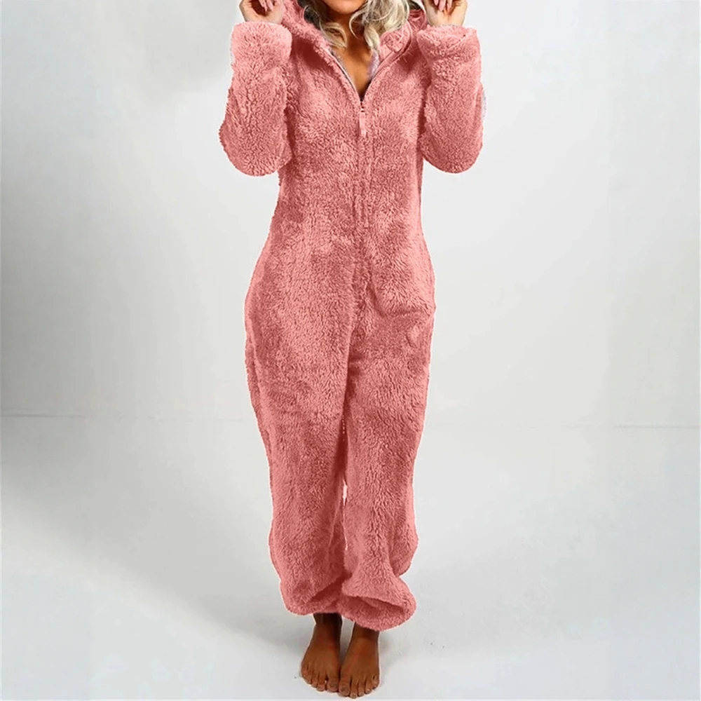 Macacões femininos outono inverno confortável zíper simples manga longa com capuz tornozelo casual macacão ajuste regular