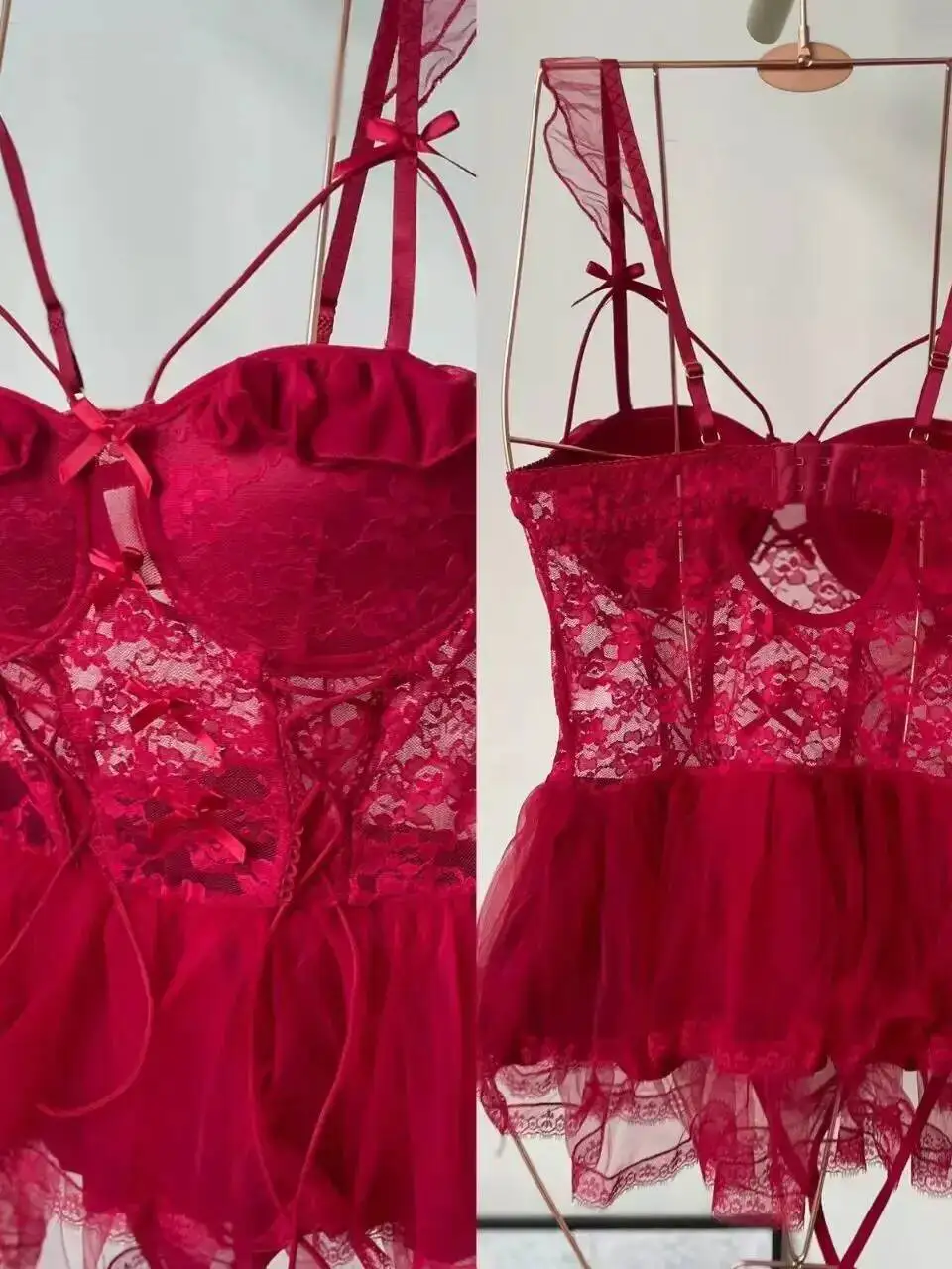 Trendy Sexy New Fishbone Bra Lace Chest Pad Dress Backless Deep V Suspenders Sleeveless Bowknot Mesh Lace Dress Charming QCSW