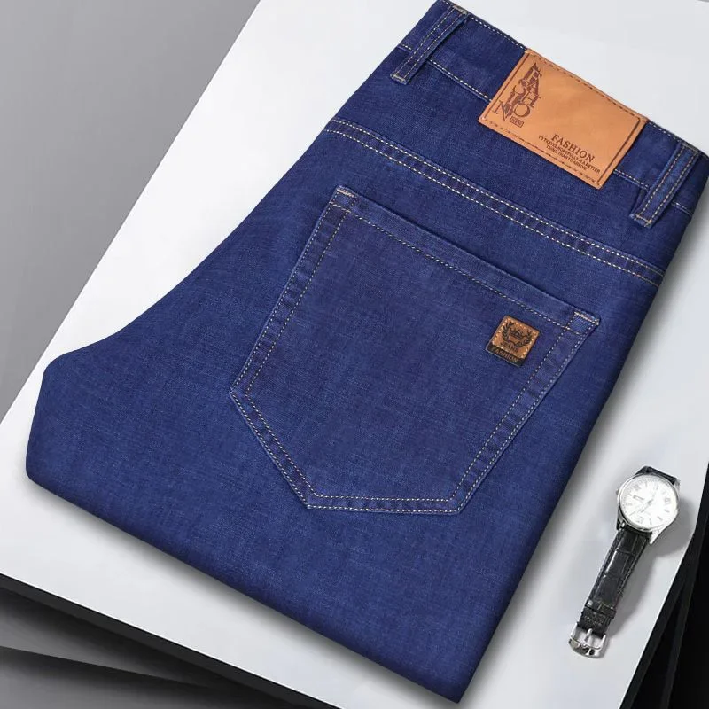 

Men's Summer Pants Business Jeans Men Light Blue Casual Straight Stretch Fashion Classic Work Denim Trousers Brand Clothing