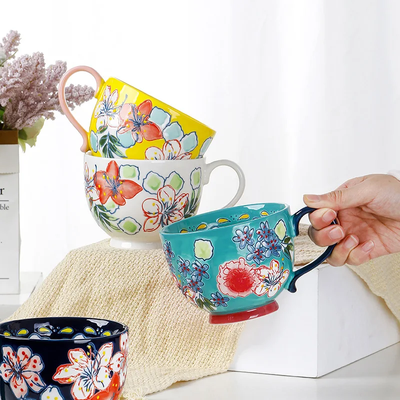 

European Ceramic Mug Creative Hand Painted Water Cup High Value Embossed Design Large Capacity Breakfast Milk Coffee Cup