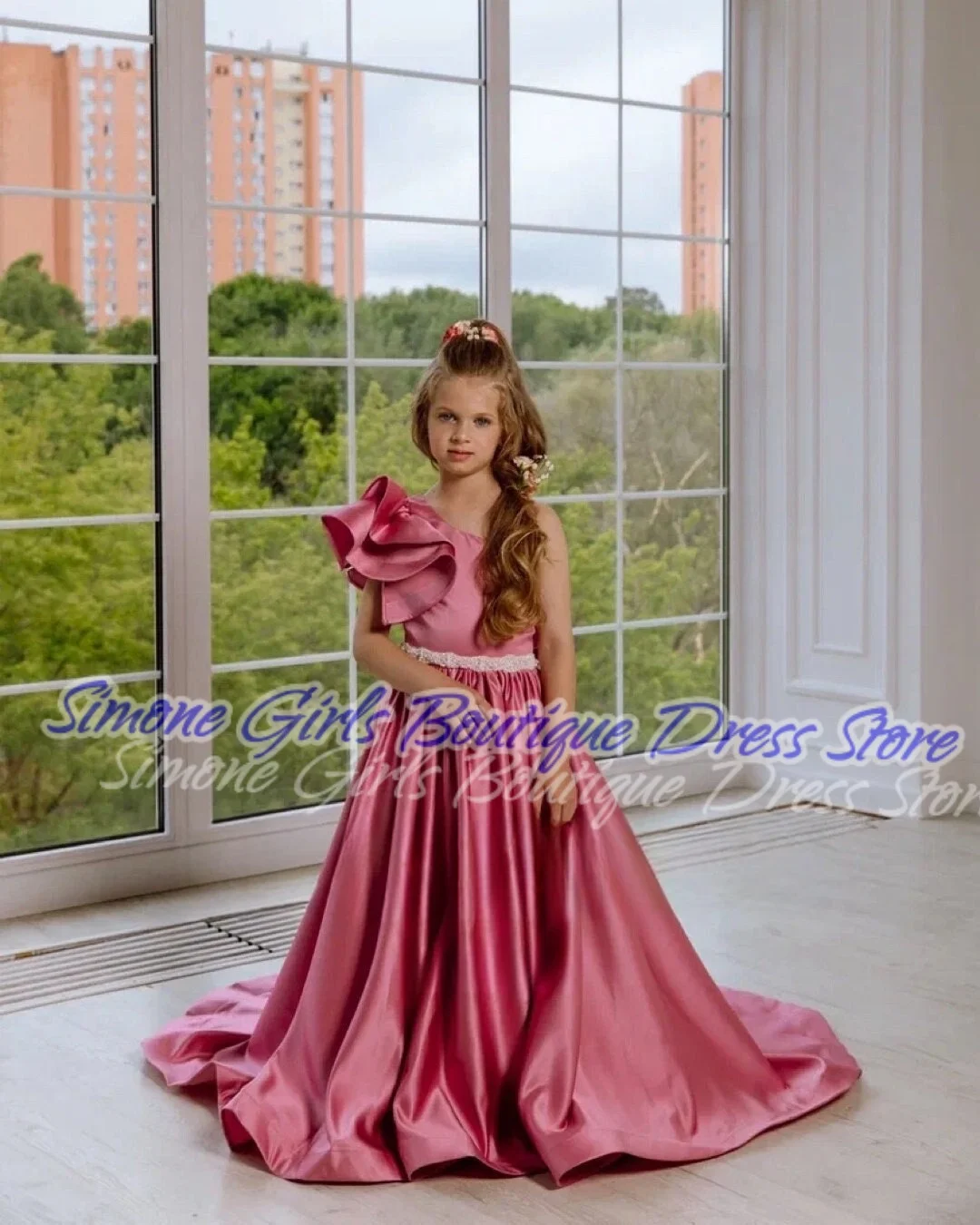 Robe à fleurs en Satin pour filles, épaules dénudées, dos nu, nœud asymétrique, pour cérémonies de mariage, spectacles de danse, réceptions formelles, fête