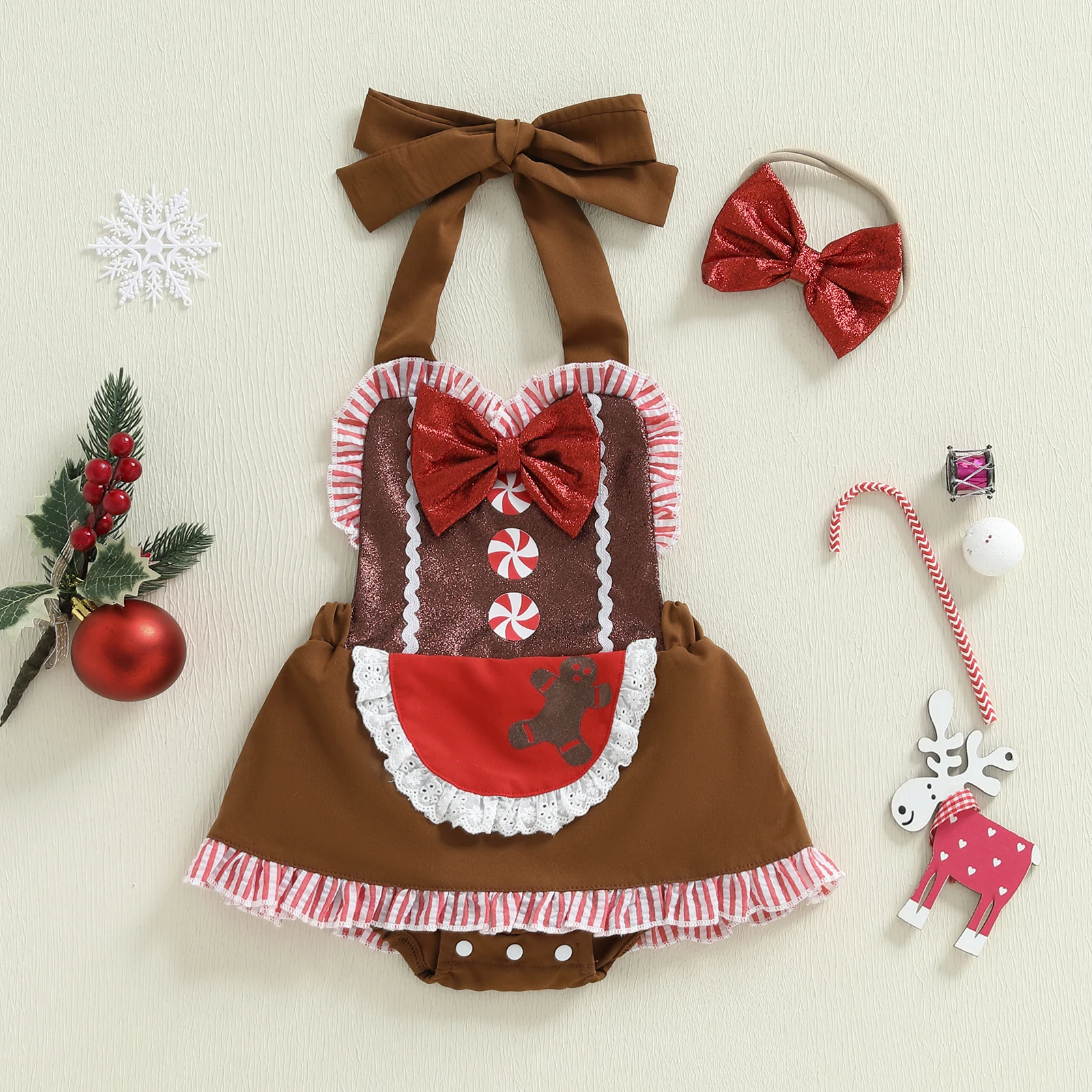 

Tregren 0-18M Infant Newborn Baby Girls Christmas Romper, Sleeveless Halterneck Backless Bow Patchwork Romper Dress Bodysuit