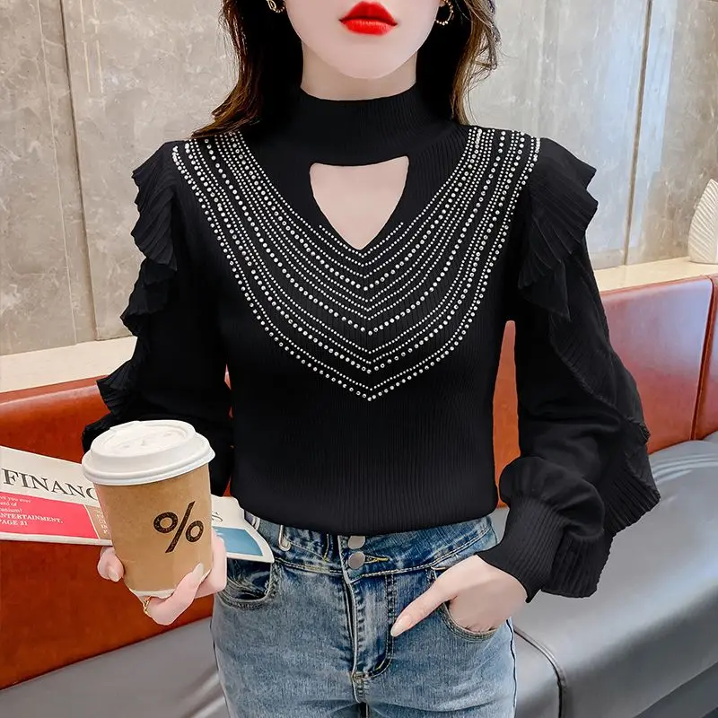 Women's Autumn Winter Fashion Solid Color Half High Neck Hollow Rhinestone Ruffle Edge Long Sleeve Slim Fit Sweater Shirt Tops