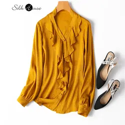 20MM Crepe De Chine Jacquard Satin Mulberry Silk V-neck Ruffle Commuting Long-sleeved French Shirt Silk Top