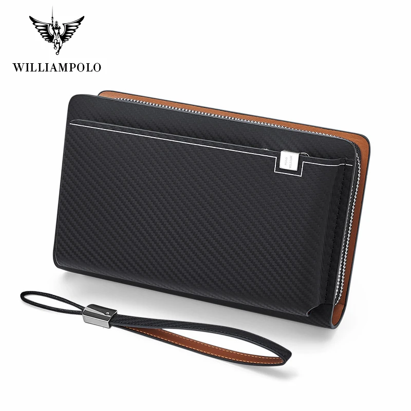 WILLIAMPOLO Men\'s Wallet Double Zipper Business Luxury Clutch Bag Leather Wallet Organizer Big Capacity Passport Cover Male