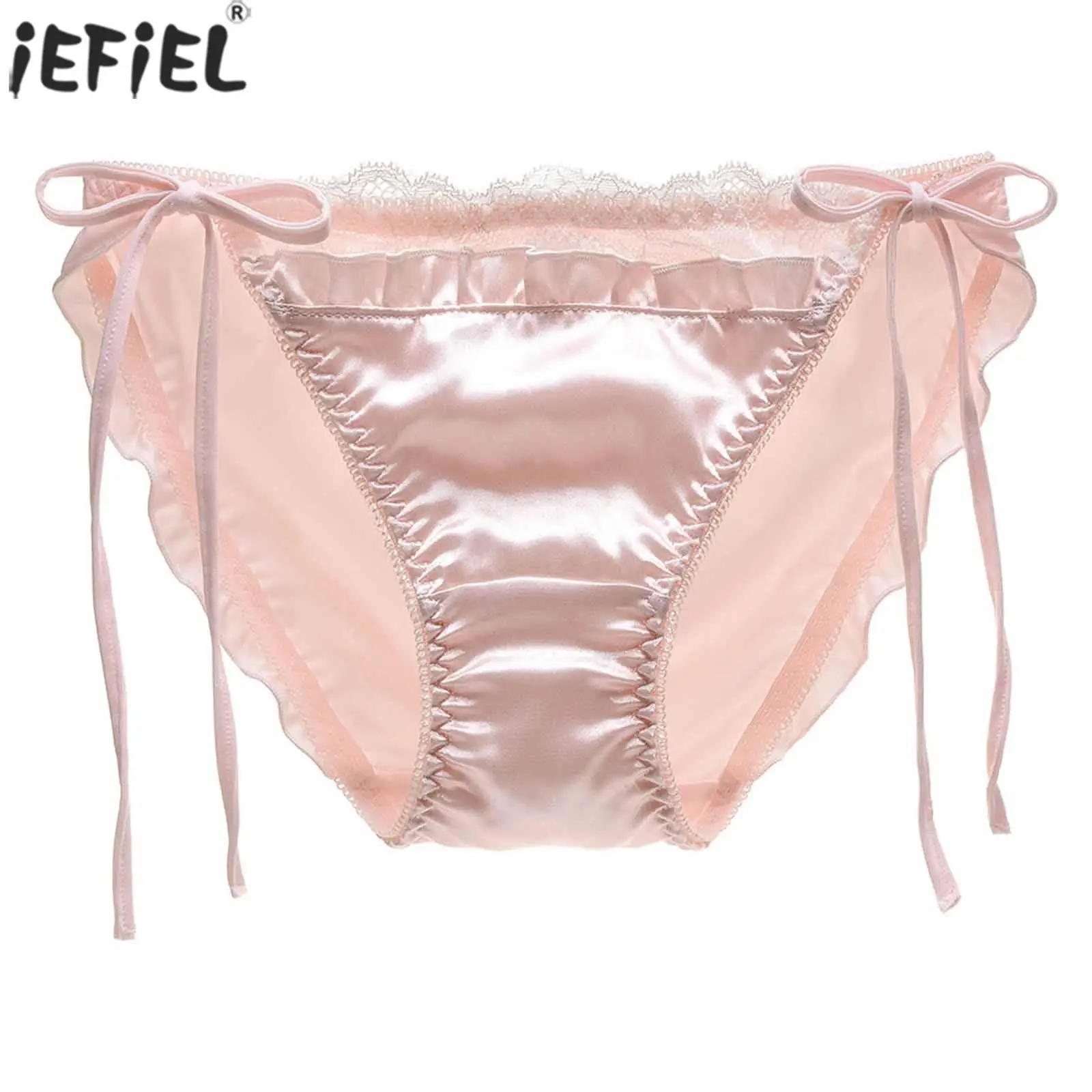 Women Lace Trim Satin Briefs Ladies Solid Color Sides Drawstring Pleated Panties Elastic Waistband Underpants Underwear