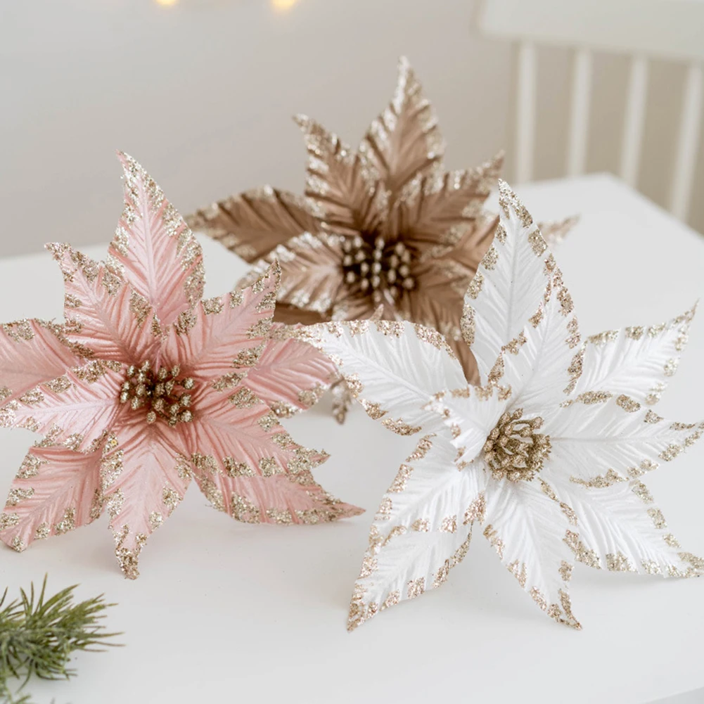 25cm Christmas Poinsettia Glitter Flower Hanging Xmas Party Tree Decoration Simulated Pink Fabric Christmas Flowers Ornaments