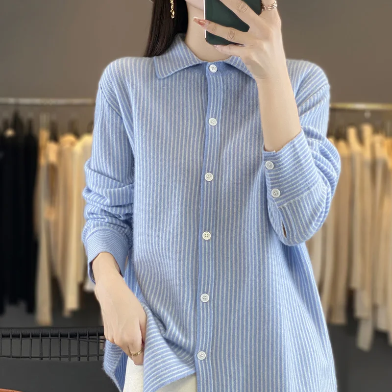 Women\'s Thin Style Shirt Soft Cotton Wool Blend Polo Collar Shirt Business Casual Knitted Blending Pullover  Women Loose Fit Top