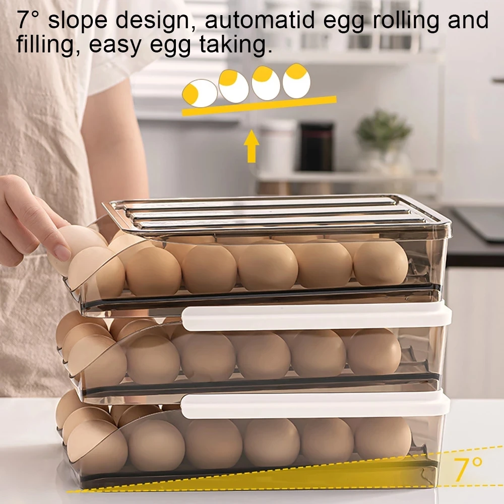 Automatic Slide Egg Storage Box Transparent Drawer, Stackable Rolling Eggs Rack Egg Tray Holder Basket, Kitchen Fridge Organize