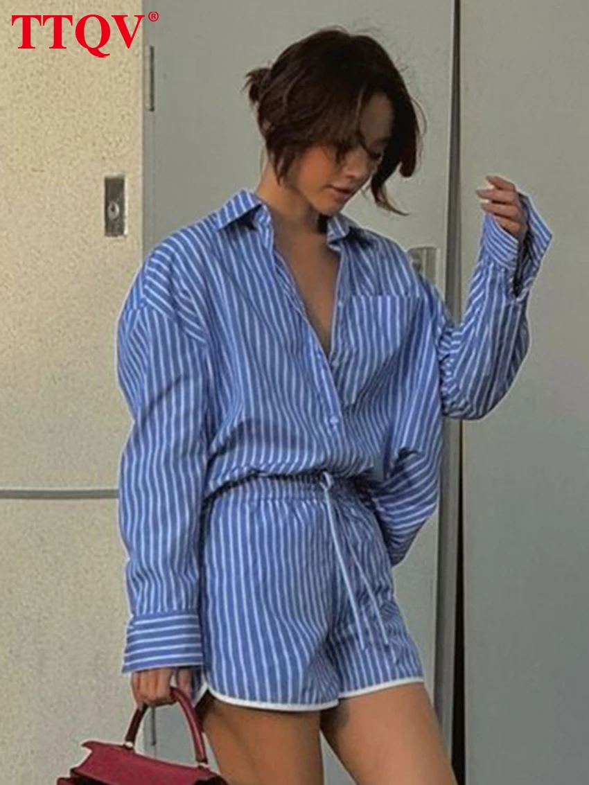 Ensemble 2 pièces élégant à rayures TTQV pour femme 2026 – Chemise à manches longues et short taille haute – Vêtements féminins