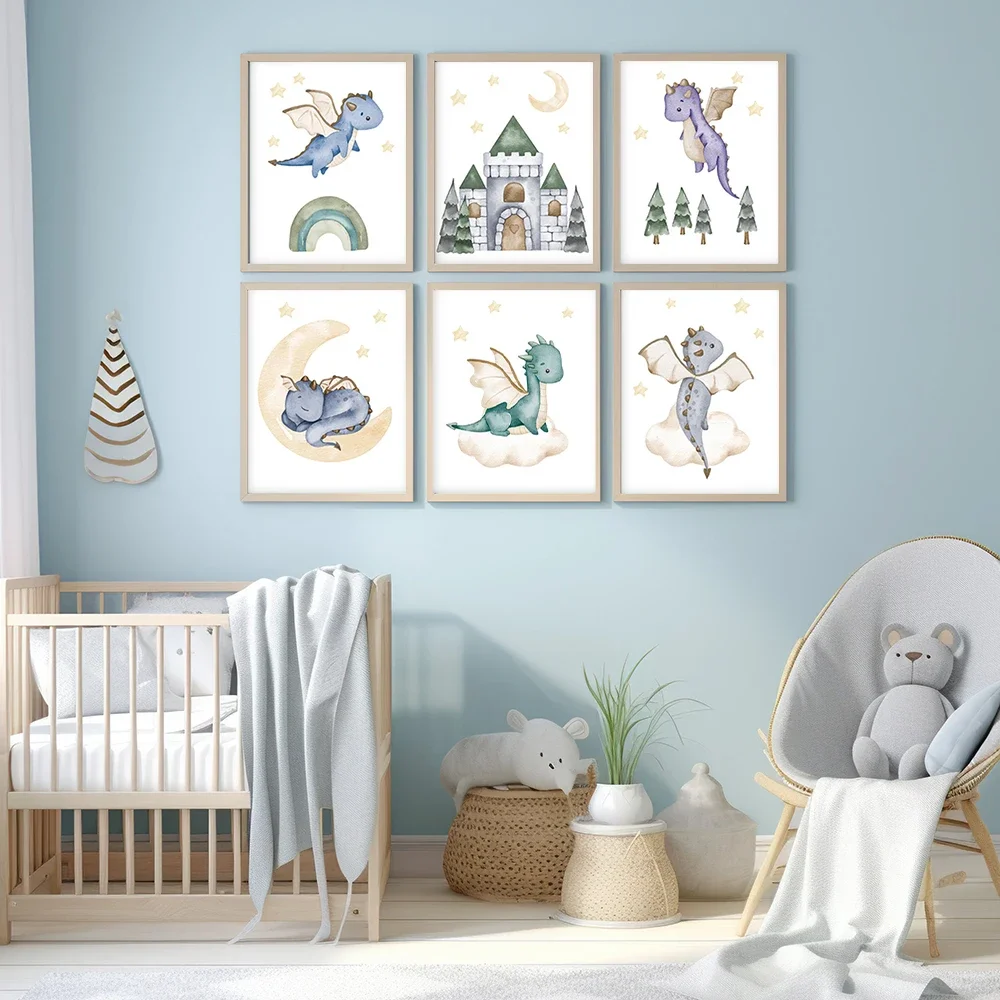 

6pcs/set Baby Dragon Nursery Prints Painting Boy Girl Room Cute Wall Decor Baby Shower Gift Fantasy Nursery Decoration Poster