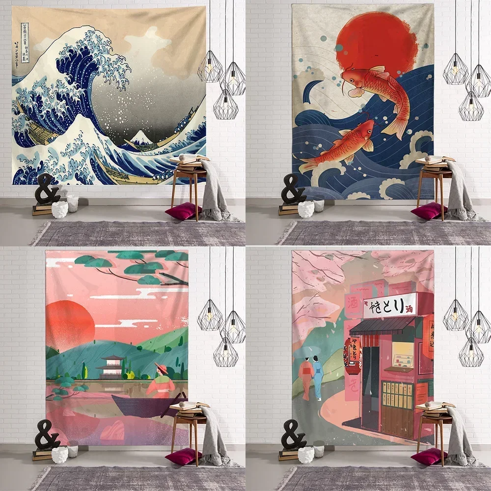 Printed blanket Kanagawa wave tapestry wall hanging Japanese illustration Kawaii bedroom home decoration 70X100CM