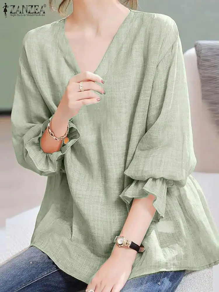 ZANZEA Women Solid Color Tops Vintage Holiday Long Sleeve Blouse Fashion V-neck Shirts 2024 Summer Casual Loose Tunics Oversized