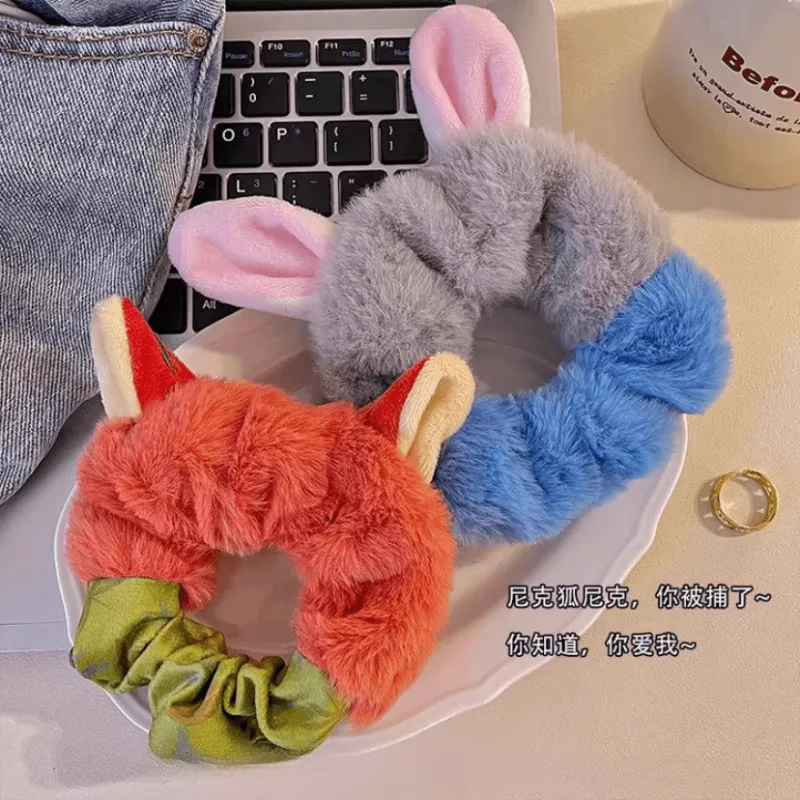 Zootopia Judy Hopps Nick Wilde ربطة شعر قطيفة Scrunchies للنساء والفتيات إكسسوارات شعر مرنة شعر على شكل حيوان لطيف
