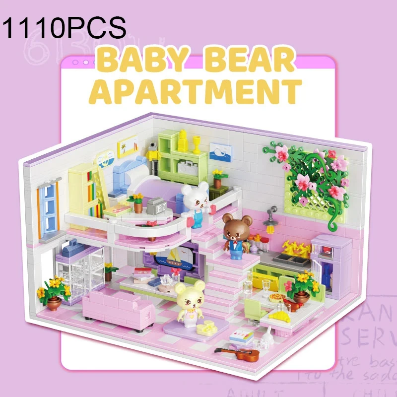 1110PCS Pink Little Bear Apartment Building Blocks Creative Mini Assemble Bricks DIY Toys Desktop Ornaments Kids Birthday Gifts