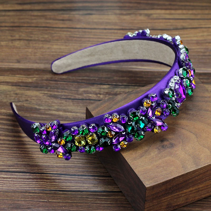 Handmade Luxury Green Purple Crystal Baroque Headbands Shiny Diamante Flower Hairbands For Women Girls Hair Jewelry