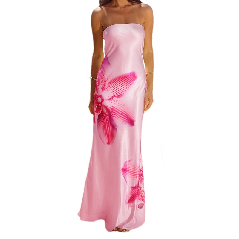 Women Strapless Floral Print Maxi Dress Sexy Cutout Backless Tube Dress Coquette Satin Long Dress Vacation Boho Beachwear