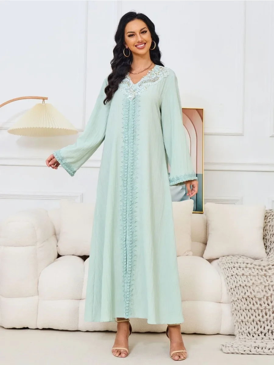 Eid decote em v vestido de miçangas para mulheres festa muçulmana abaya bordado jalabiya vestidos longos kaftan dubai ramadan vestido robe