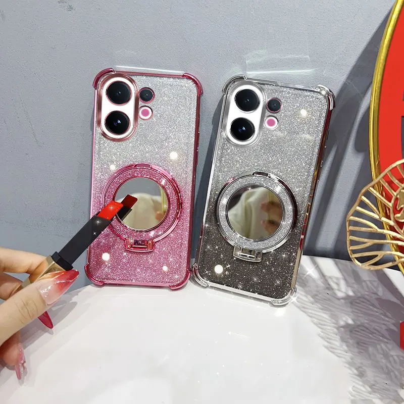 Glitzernde, stoßfeste Handyhülle mit Spiegelständer und Perlenband für Vivo V60 5G T4 Pro Rückseitenabdeckung.