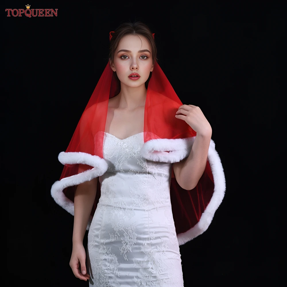 TOPQUEEN V257 Christmas Red Veil Wedding 2-Layer Fur Edge Party Gift Covered Blush Fingertip Off-White Bridal Veil Accessories