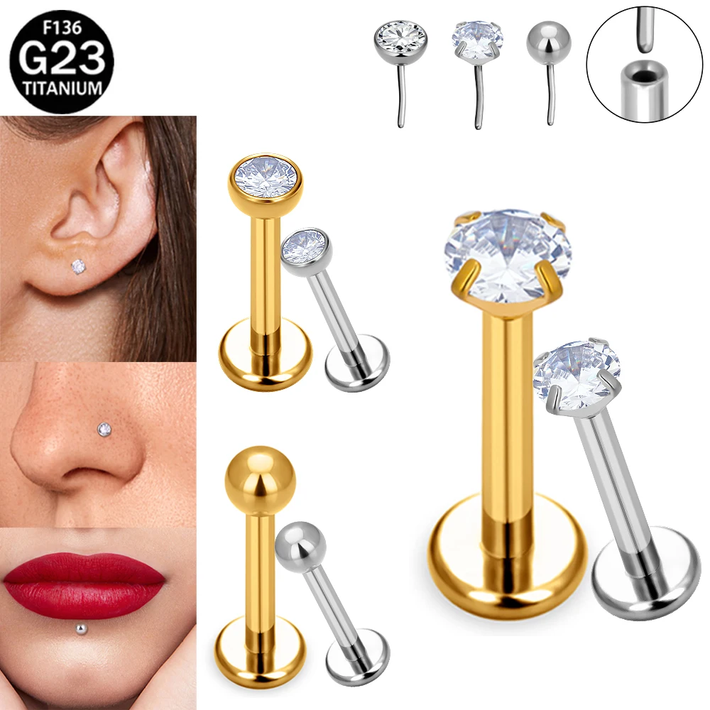Pendientes de Titanio Hipoalergénico Grado Implante F136 G23, Tipo Labret Plano sin Rosca, Anillo para Nariz y Labio, Joyería para Piercing Corporal con Circonita Cúbica