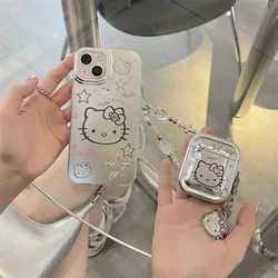 Capa de telefone Sanrio Star Hello Kitty com pulseira, capa traseira anti-queda, fone de ouvido para iPhone 14, 13, 12, 11 Pro Max, Y2K