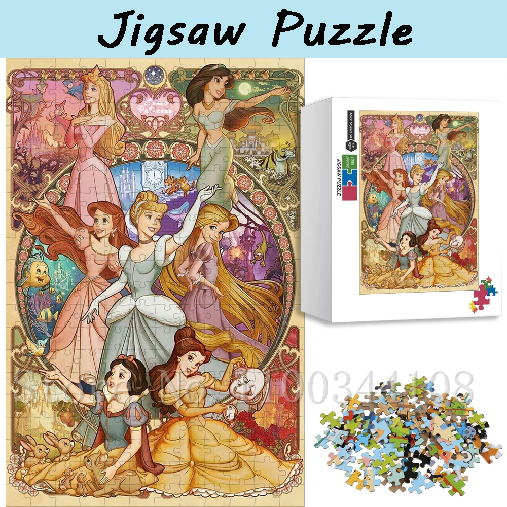 Disney Princess Jigsaw Puzzles for Adults 300/500/1000 PCS Cartoon Character Wooden/paper Puzzles Parent-Child Interactive Toys