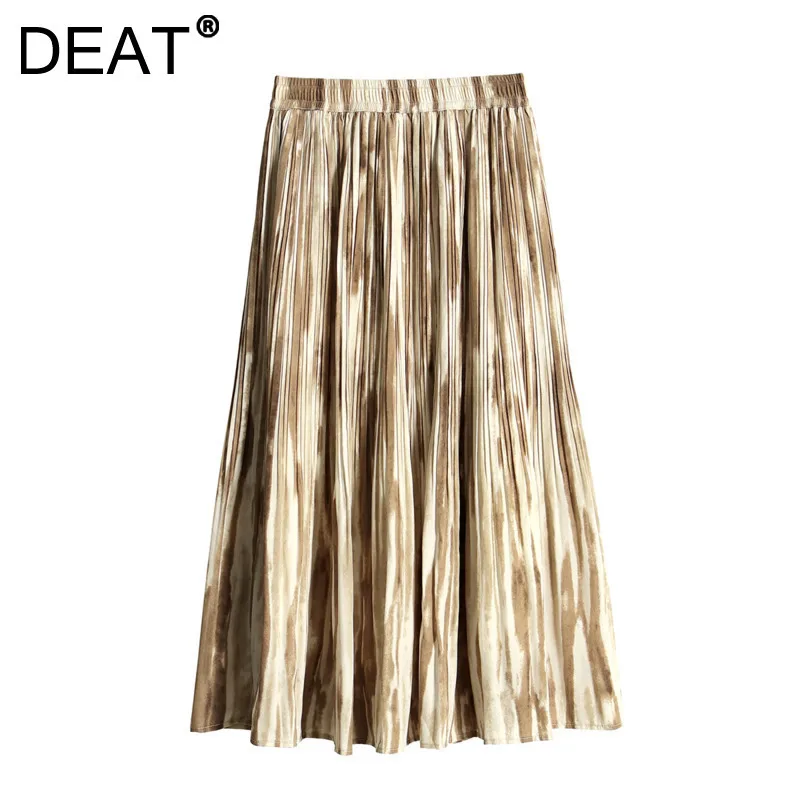 DEAT Women's Skirt Tie-dyepleated A-line Elastic High Waist Gradient Printed Female Long Skirts Spring2025 New Fashion 29L9280