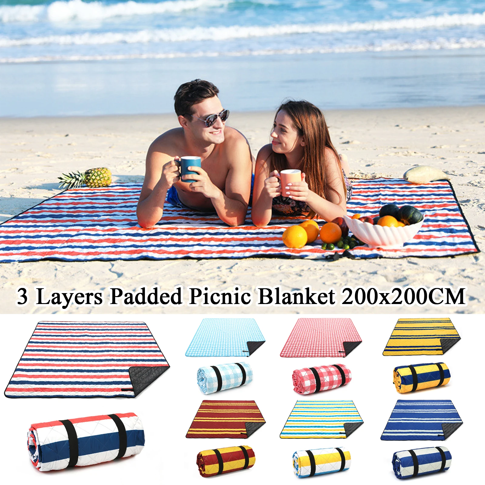 

Oversized 3-layer Foldable Beach Blanket Waterproof Moisture-proof Easy Clean Outdoor Camping Lawn Portable Picnic Mat 200x200cm