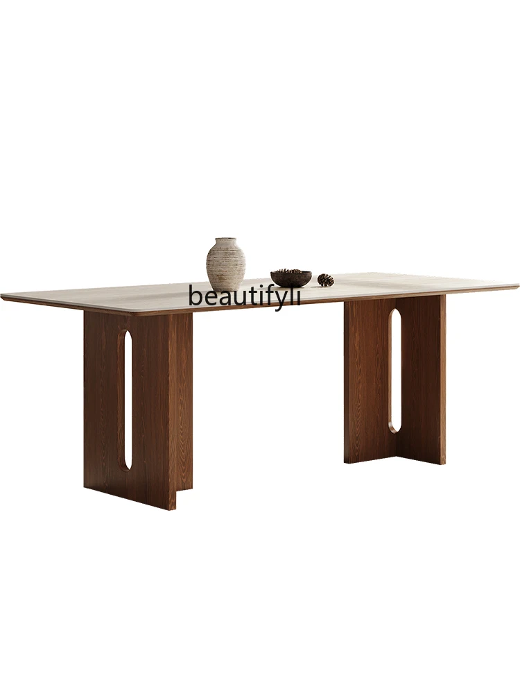 

Qianyu Mid-Ancient Style Solid Wood Dining Table and Chair Walnut Color Rectangular Small Apartment Home Stone Plate