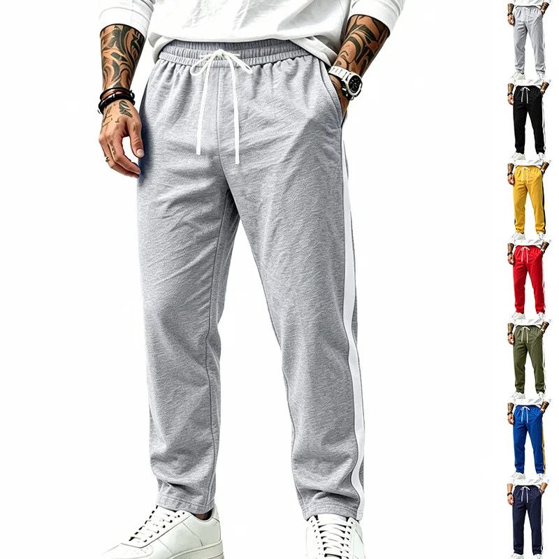 Men Contrast Side Striped Elastic Waist Drawstring Jogger Pants Pockets Sports Casual Trousers