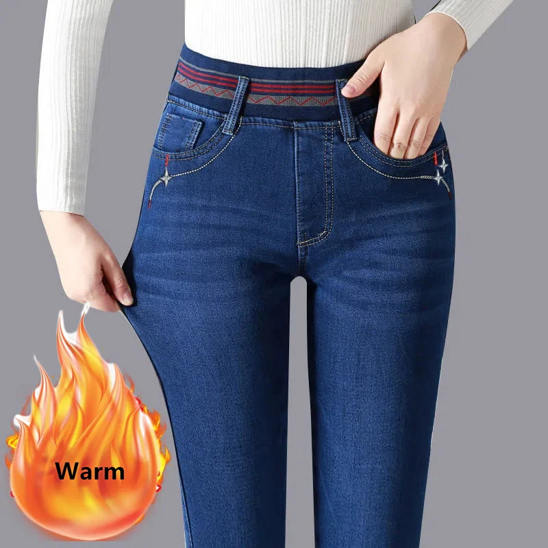 Imagem -04 - Jeans de Lápis de Veludo Forrado para Mulheres Calça Grossa e Skinny Calça Jeans de Cintura Alta Estiramento Quente Tamanho Grande 36 Inverno