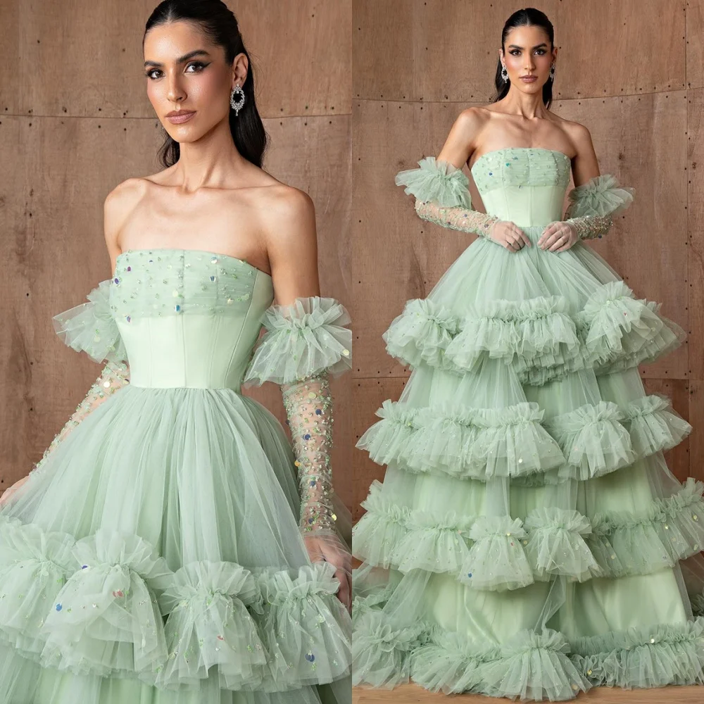 

Customized Exquisite Green Tulle Evening Dresses Fashion Strapless Celebrity Gowns Sparkly Sweep Train Special Occasion Gowns