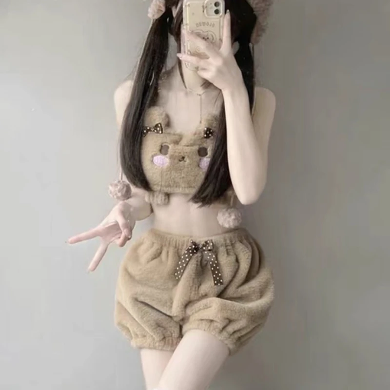 

Японская девушка Kawaii Лолита пушистые бюстгальтеры пуш-ап трусы женские милые пушистые мультяшные бюстгальтеры с бантом ABDL шаровары Сисси интимное белье