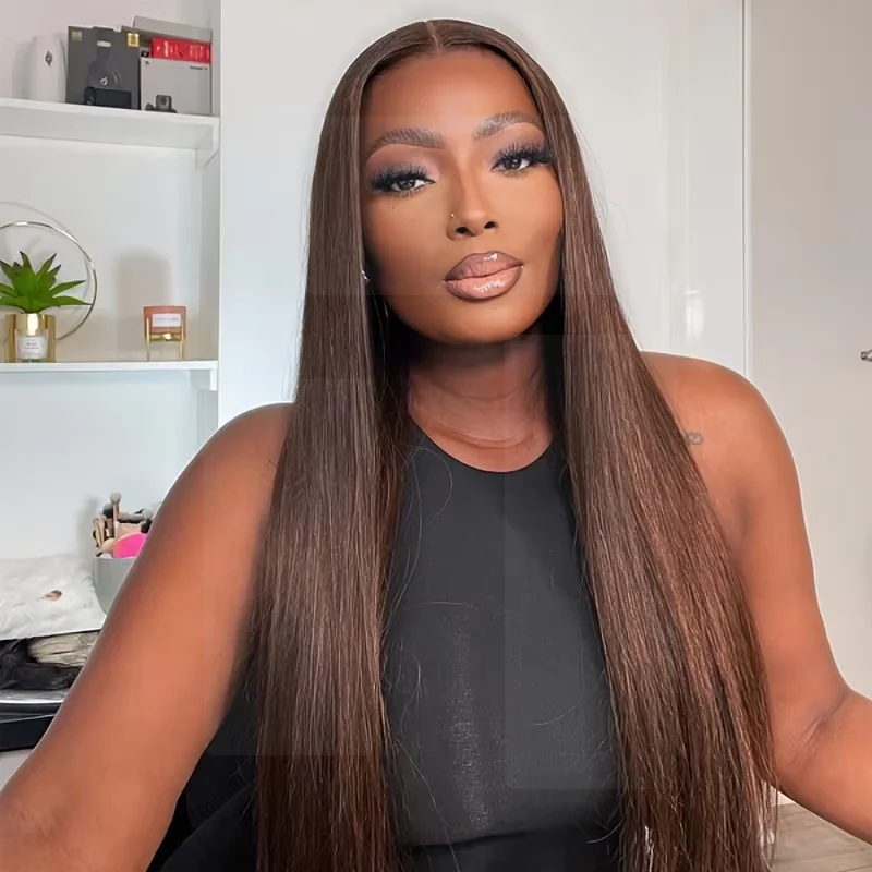 

Bone Straight Chocolate Brown 30 Inch Human Hair 13x6 HD Transparent Lace Frontal Wig Colored Lace Front Wigs Brazilian Women