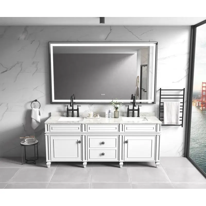 

72x48 LED Lighted Wall Mounted Bathroom Mirror with High Lumen and Anti-Fog Control