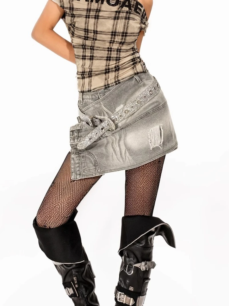 Summer American Retro Washed Y2k Irregular Design Deconstruction Hot Hip Wrap A Line Short Denim Skirt For Women