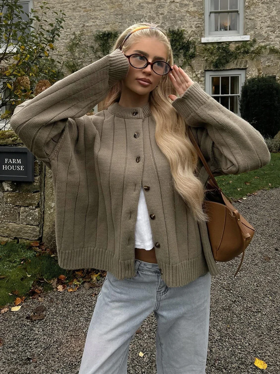 

Pit Striped Loose Cardigan Sweater Women Crew Neck Single Breasted Long Sleeve Knitwear Autumn New Vintage Casual Fashion Jumper