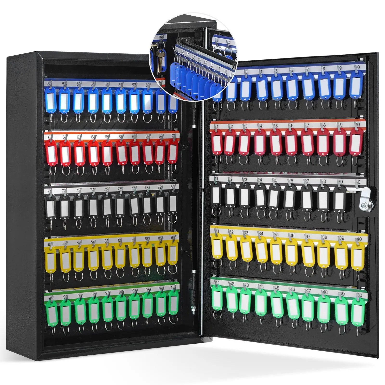 

200-Key Cabinet,Security Key Storage Box Steel, Key Organizer with 200 Colorful Key Tags and 4 Record Cards for School, Hotel