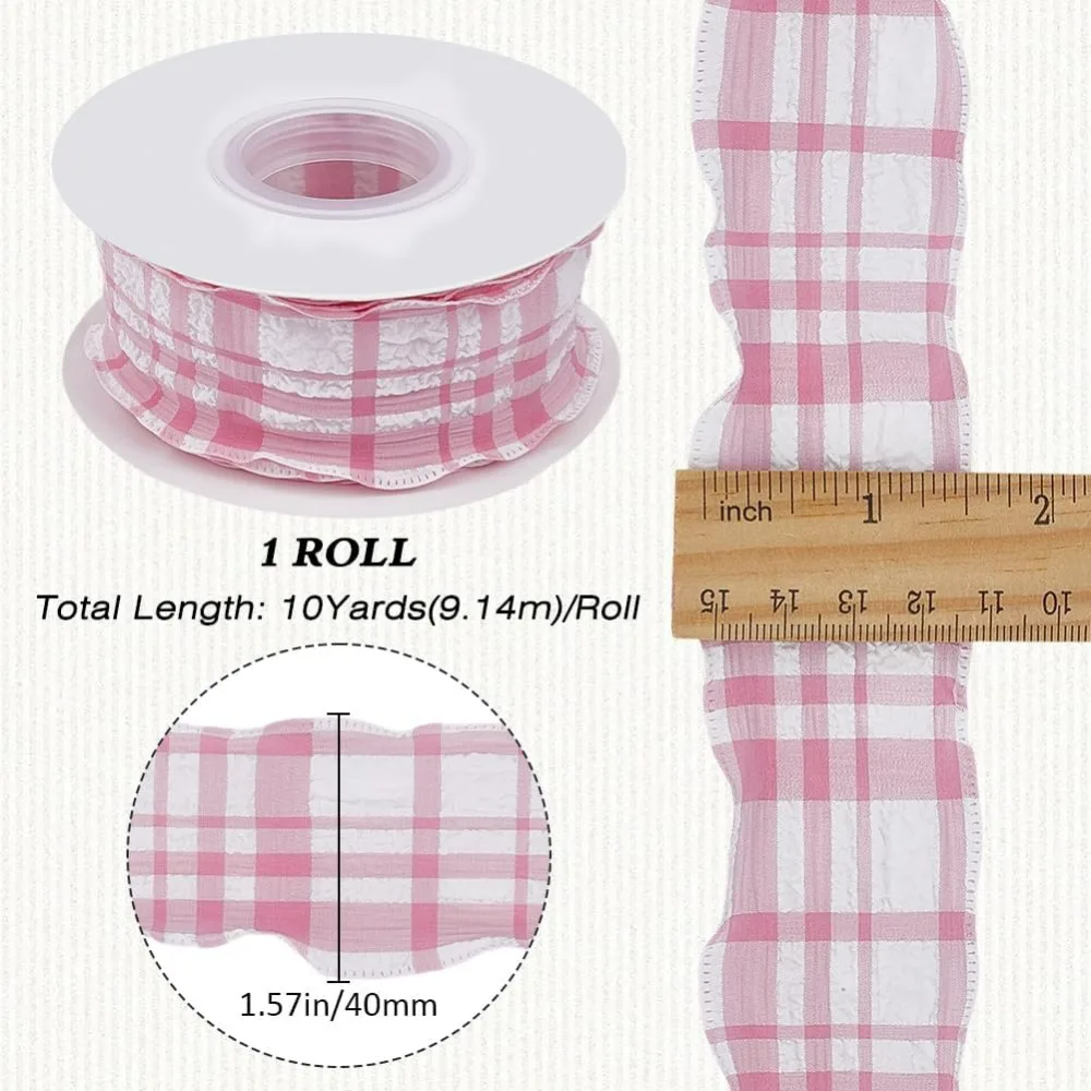 Pink Plaid Ribbon Checkered Ribbon Wired White Gingham Double Chiffon Ruffled Edge Polyester Fabric Ribbons Bulk making kit
