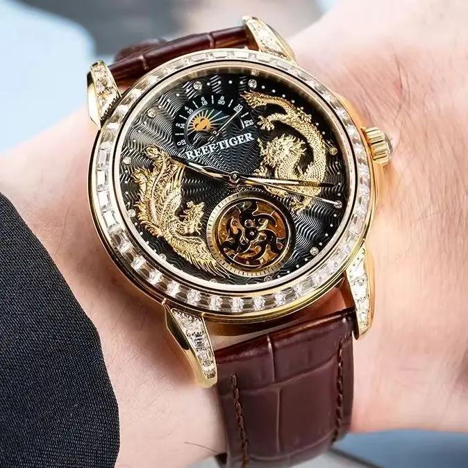 Reef Tiger Men Automatic Watch 42.7mm Mechanical Wristwatch Sapphire Mirror 50M Waterproof Luminous Dragon Phoenix Dial
