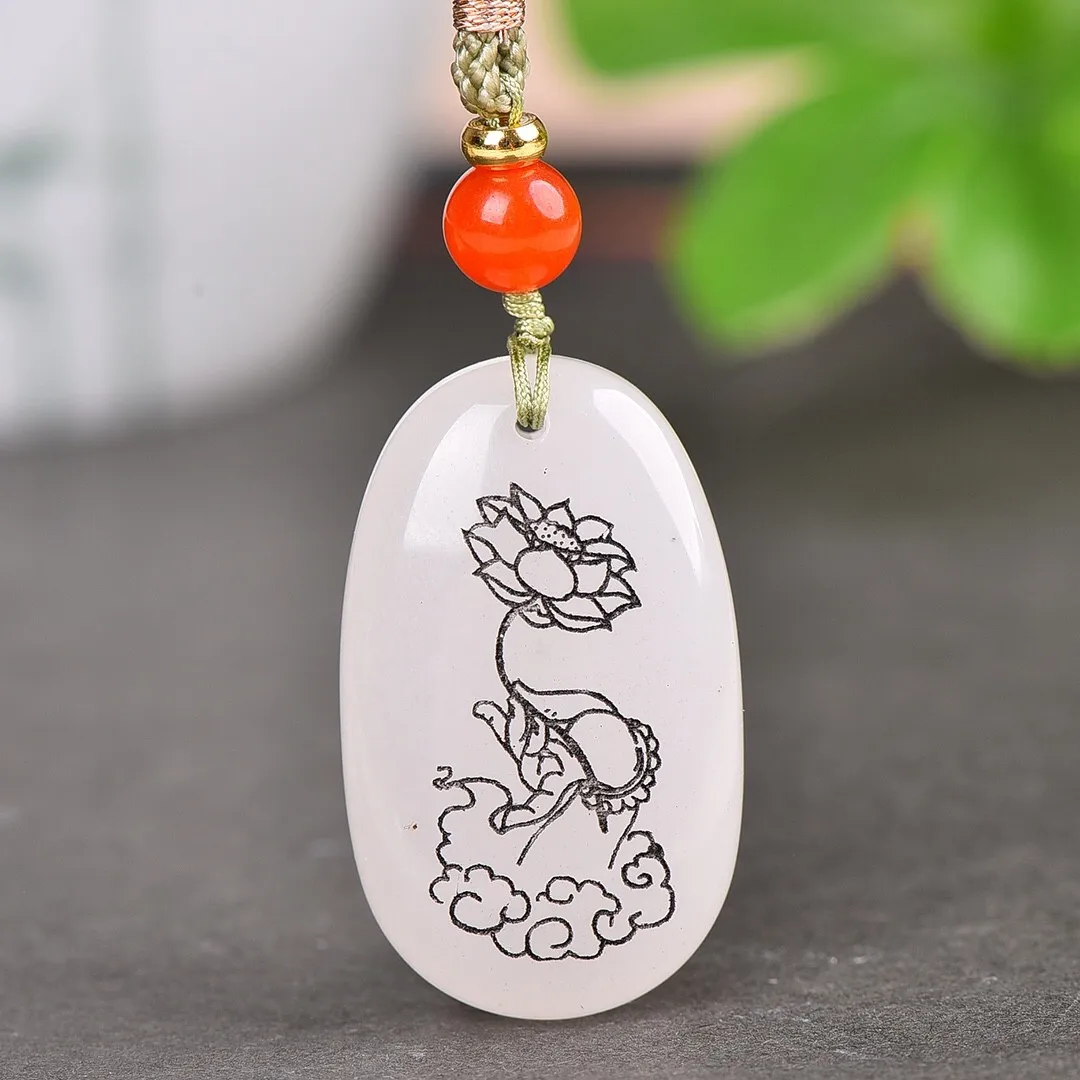 Natural White Jade Lotus Bergamot Pendant Necklace Women Fine Jewelry Golden Silk Jades Stone Lucky Charms Buddhism Amulets